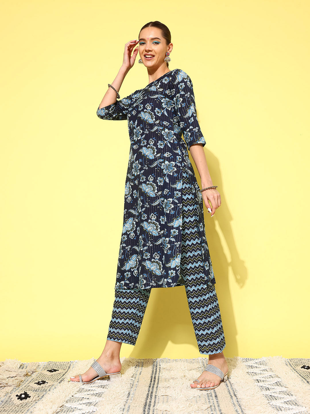 Women Indigo Blue Floral Printed Flared Kurta With Trouser And Dupatta | LASVINI - Redefining Indian Fashion with Elegance