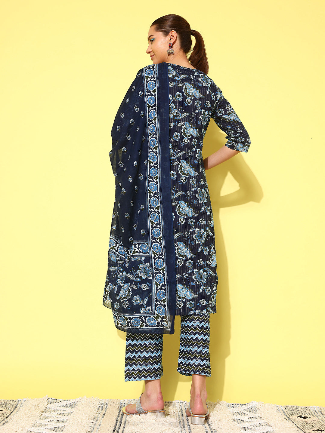 Women Indigo Blue Floral Printed Flared Kurta With Trouser And Dupatta | LASVINI - Redefining Indian Fashion with Elegance