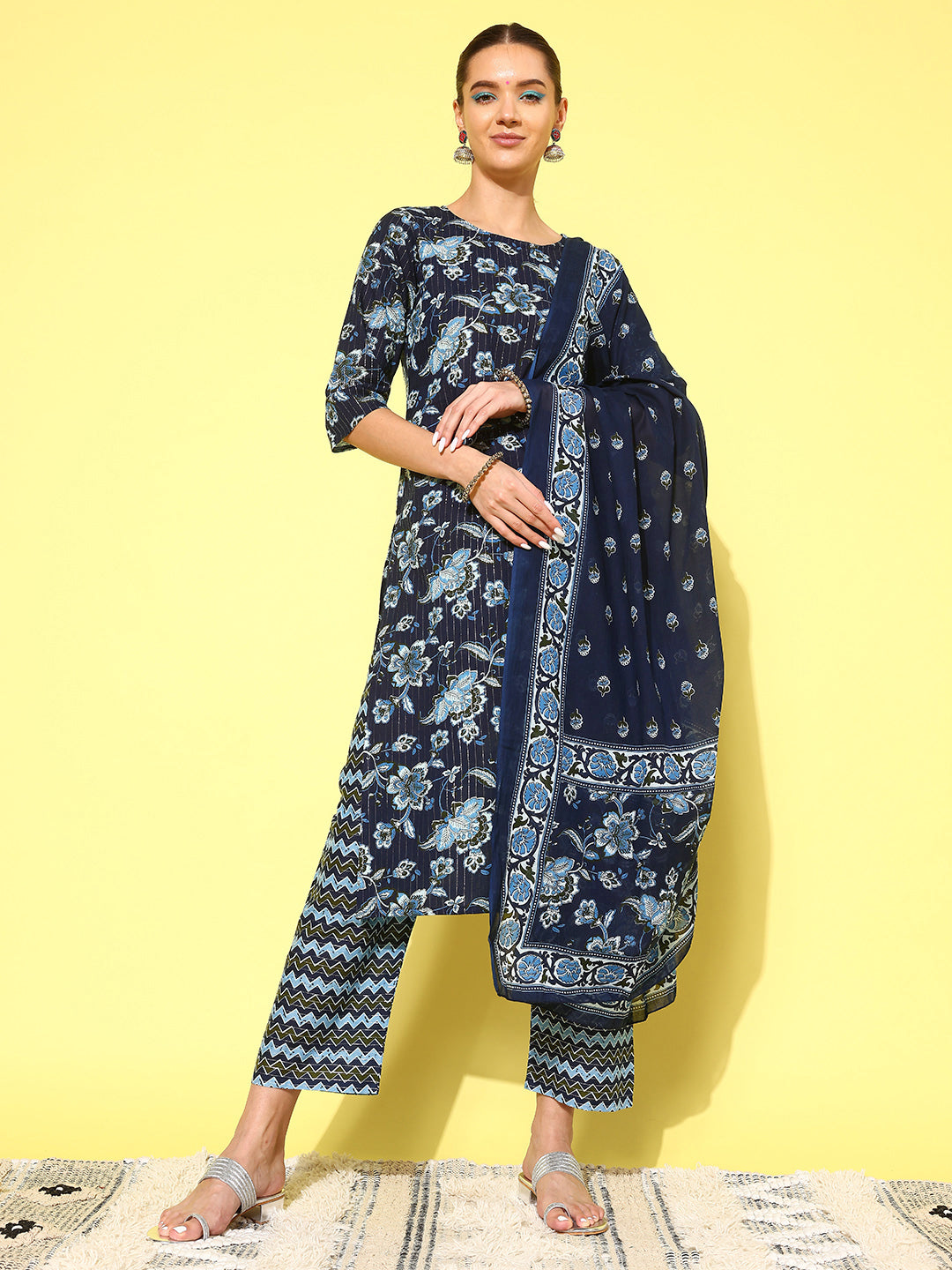 Women Indigo Blue Floral Printed Flared Kurta With Trouser And Dupatta | LASVINI - Redefining Indian Fashion with Elegance