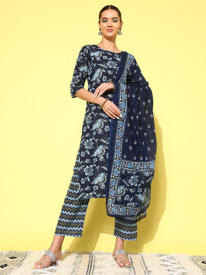 Women Indigo Blue Floral Printed Flared Kurta With Trouser And Dupatta | LASVINI - Redefining Indian Fashion with Elegance