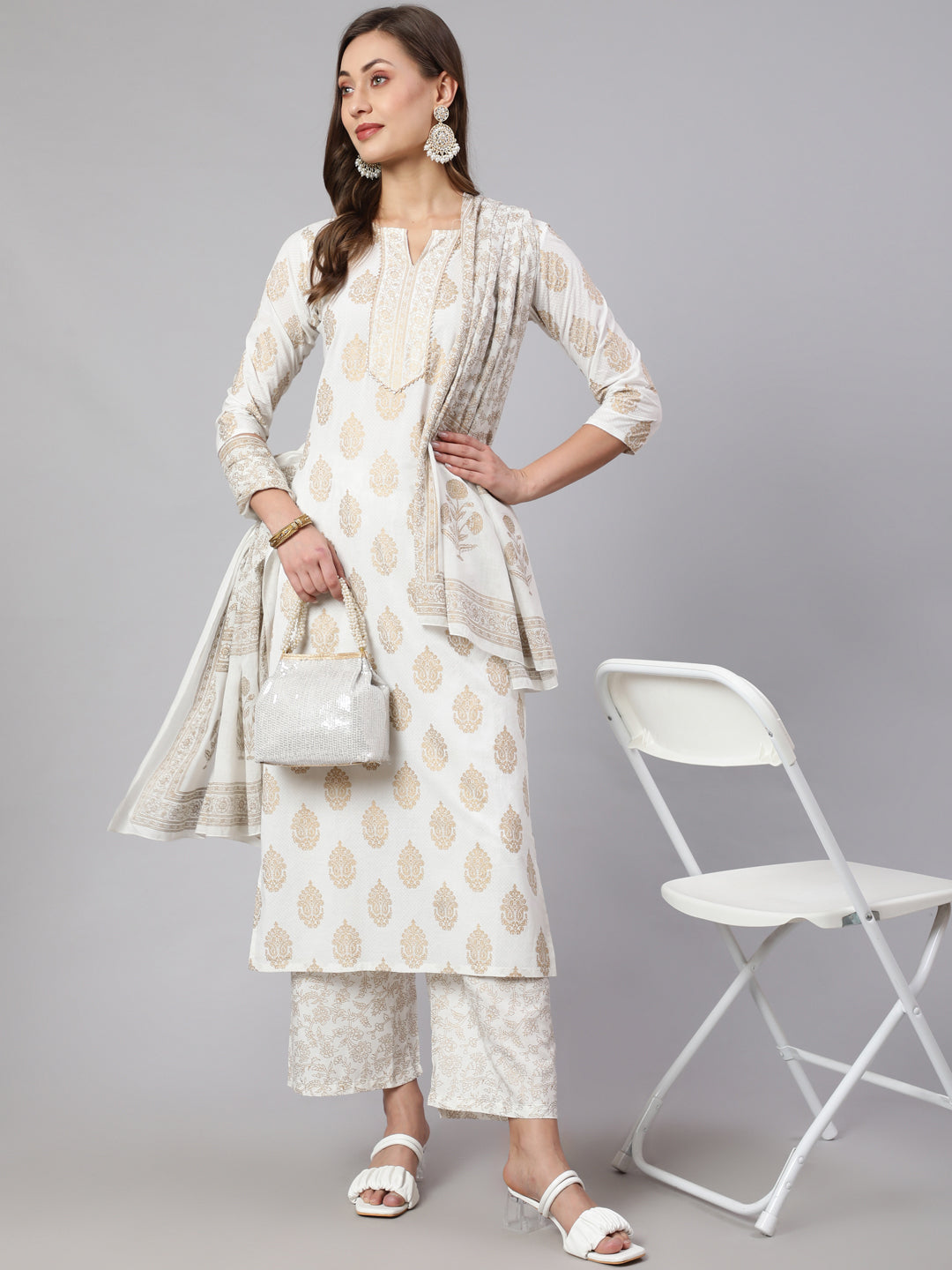 Women Off-White Ethnic Printed Kurta With Palazzo And Dupatta | LASVINI - Redefining Indian Fashion with Elegance