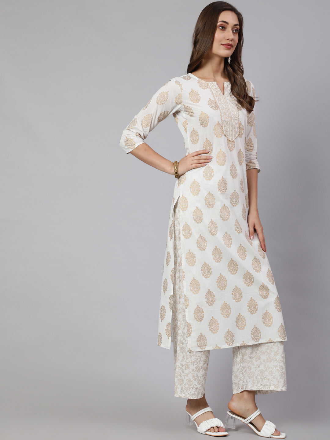 Women Off-White Ethnic Printed Kurta With Palazzo And Dupatta | LASVINI - Redefining Indian Fashion with Elegance