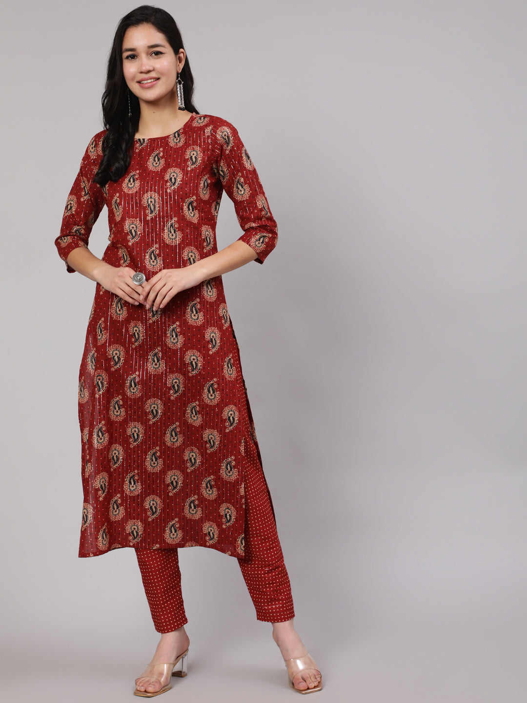 Women Maroon Ethnic Printed Straight Kurta And Palazzo | LASVINI - Redefining Indian Fashion with Elegance
