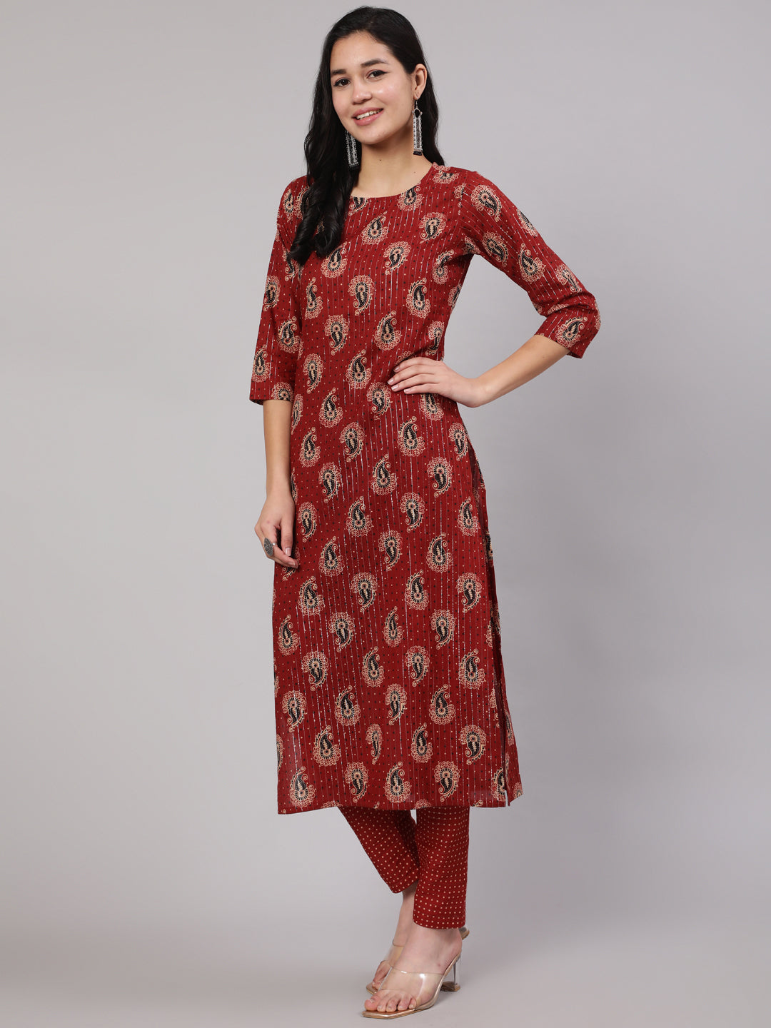 Women Maroon Ethnic Printed Straight Kurta And Palazzo | LASVINI - Redefining Indian Fashion with Elegance