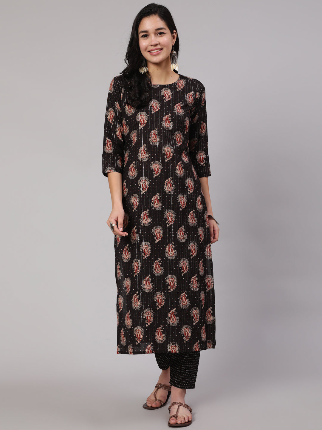 Women Black Ethnic Printed Straight Kurta With Trouser | LASVINI - Redefining Indian Fashion with Elegance