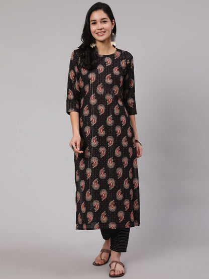 Women Black Ethnic Printed Straight Kurta With Trouser | LASVINI - Redefining Indian Fashion with Elegance