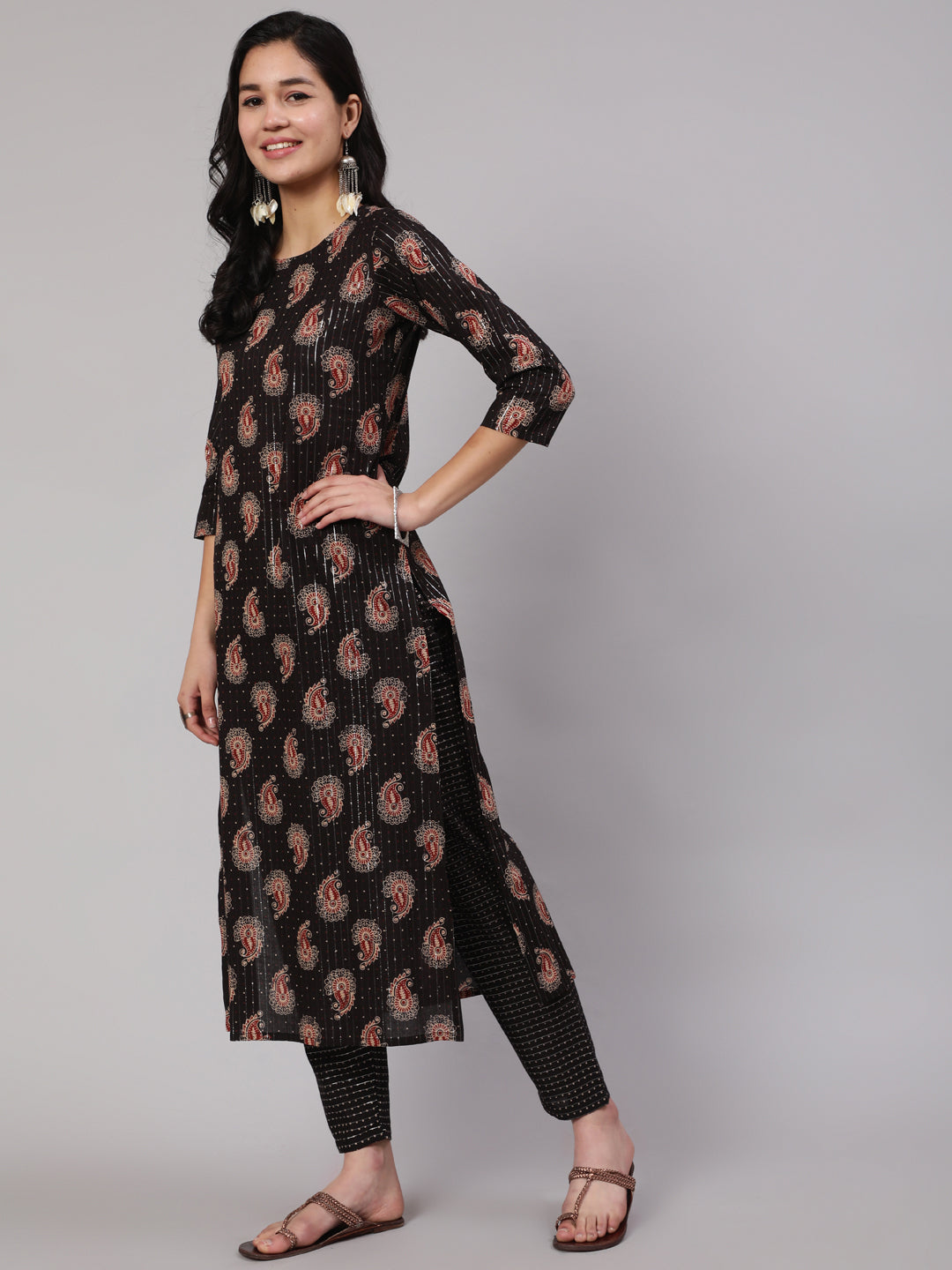 Women Black Ethnic Printed Straight Kurta With Trouser | LASVINI - Redefining Indian Fashion with Elegance