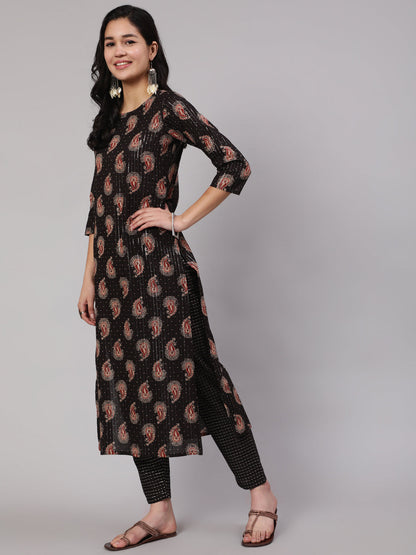 Women Black Ethnic Printed Straight Kurta With Trouser | LASVINI - Redefining Indian Fashion with Elegance