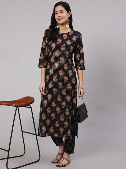Women Black Ethnic Printed Straight Kurta With Trouser | LASVINI - Redefining Indian Fashion with Elegance