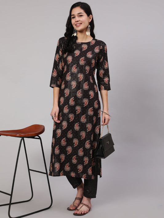 Women Black Ethnic Printed Straight Kurta With Trouser | LASVINI - Redefining Indian Fashion with Elegance