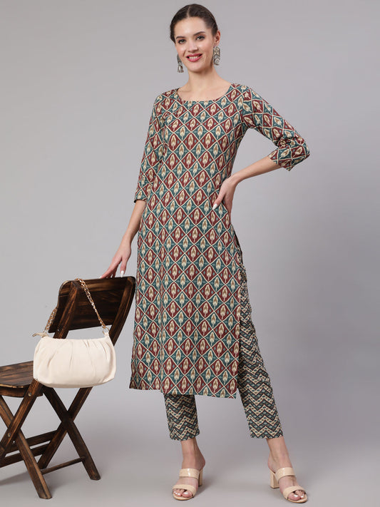 Women Multi Geometric Printed Straight Kurta With Palazzo | LASVINI - Redefining Indian Fashion with Elegance
