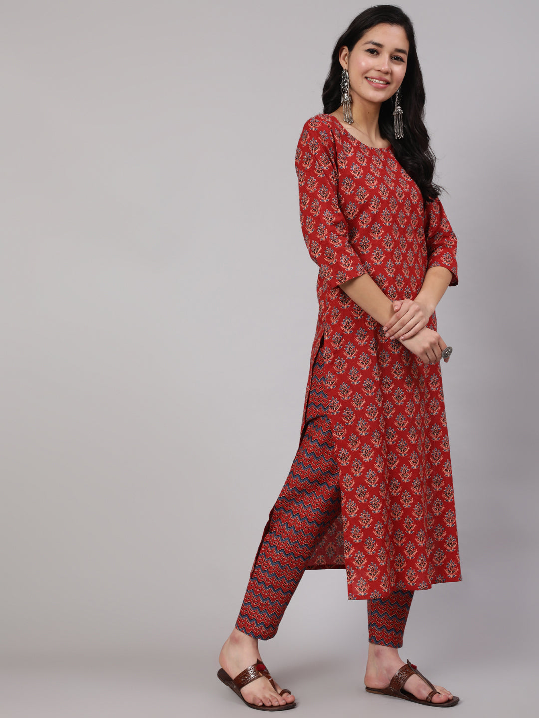 Women Maroon Ethnic Printed Straight Kurta And Palazzo | LASVINI - Redefining Indian Fashion with Elegance