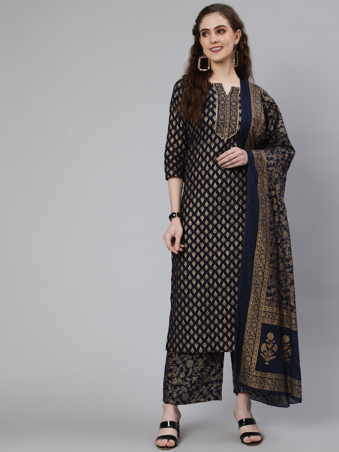 Women Navy Blue Ethnic Printed Kurta With Palazzo And Dupatta | LASVINI - Redefining Indian Fashion with Elegance