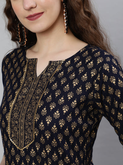 Women Navy Blue Ethnic Printed Kurta With Palazzo And Dupatta | LASVINI - Redefining Indian Fashion with Elegance