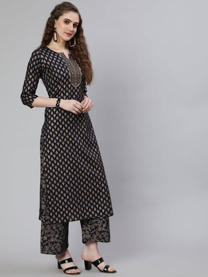 Women Navy Blue Ethnic Printed Kurta With Palazzo And Dupatta | LASVINI - Redefining Indian Fashion with Elegance