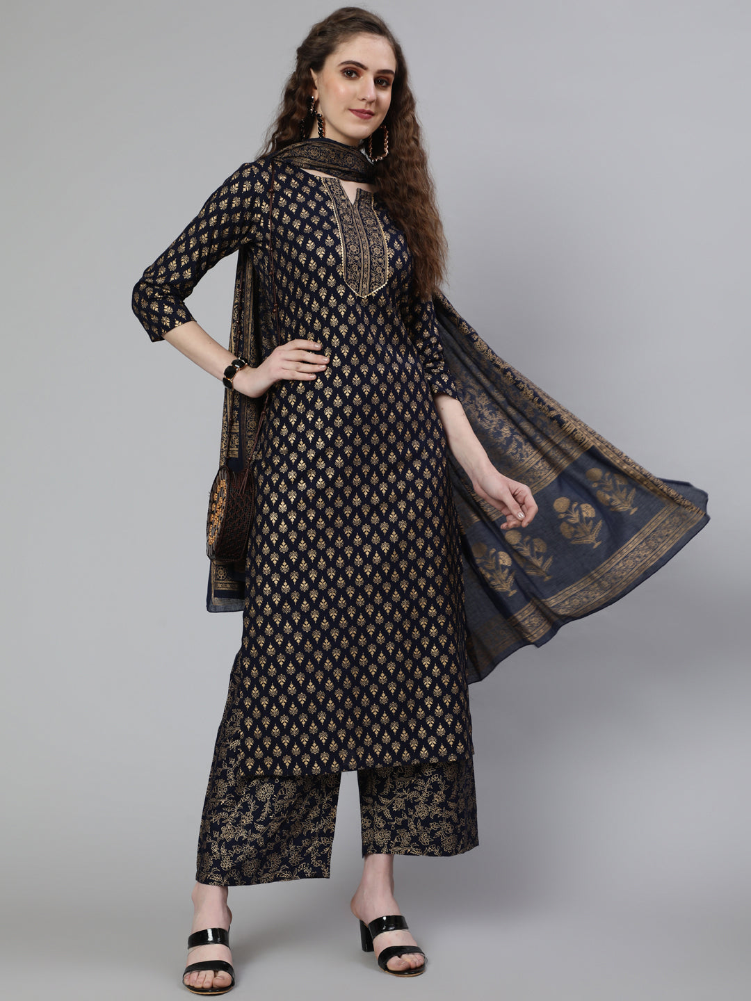 Women Navy Blue Ethnic Printed Kurta With Palazzo And Dupatta | LASVINI - Redefining Indian Fashion with Elegance