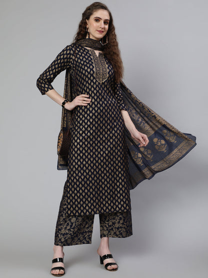 Women Navy Blue Ethnic Printed Kurta With Palazzo And Dupatta | LASVINI - Redefining Indian Fashion with Elegance