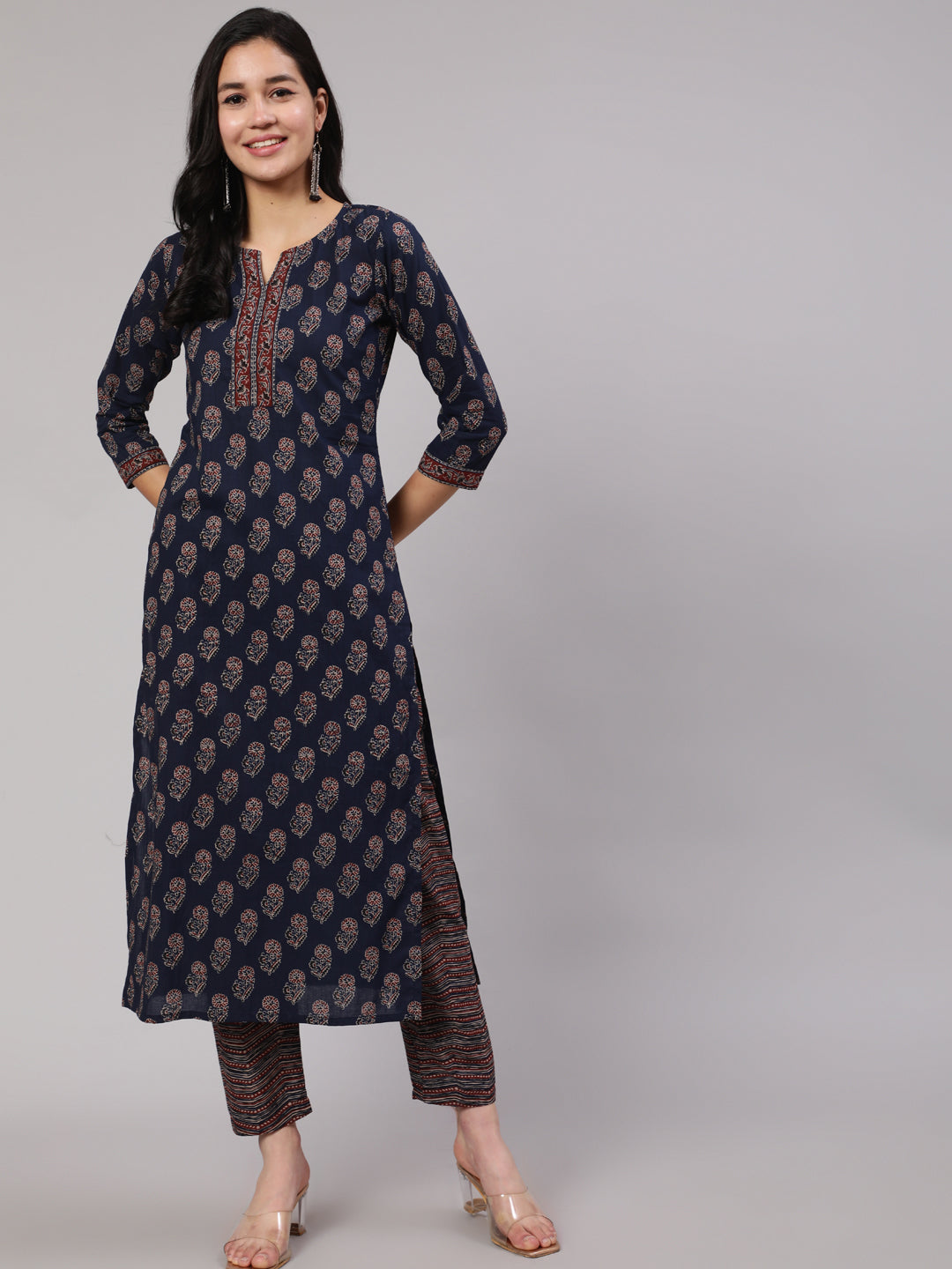 Women Navy Blue Ethnic Printed Straight Kurta With Trouser | LASVINI - Redefining Indian Fashion with Elegance