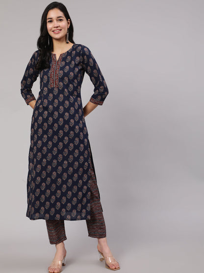 Women Navy Blue Ethnic Printed Straight Kurta With Trouser | LASVINI - Redefining Indian Fashion with Elegance