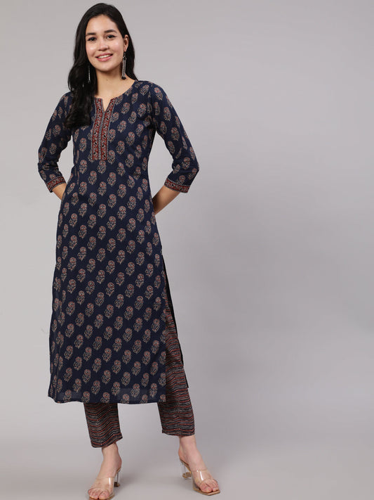 Women Navy Blue Ethnic Printed Straight Kurta With Trouser | LASVINI - Redefining Indian Fashion with Elegance