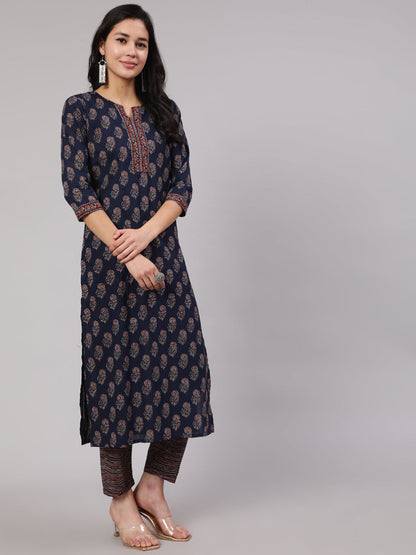 Women Navy Blue Ethnic Printed Straight Kurta With Trouser | LASVINI - Redefining Indian Fashion with Elegance