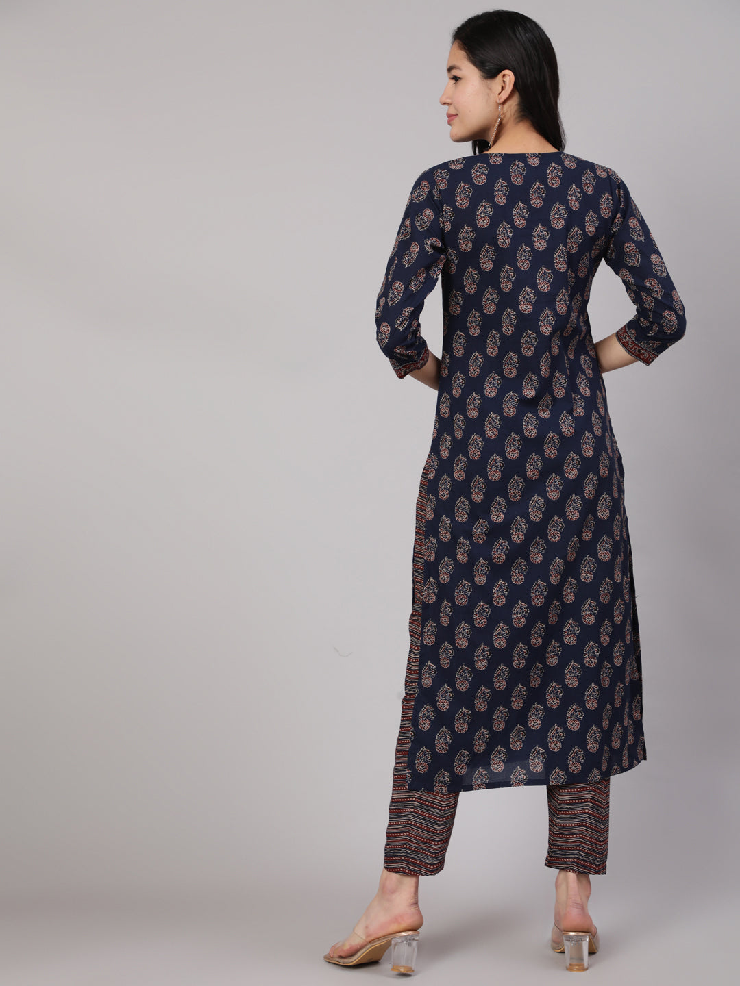 Women Navy Blue Ethnic Printed Straight Kurta With Trouser | LASVINI - Redefining Indian Fashion with Elegance