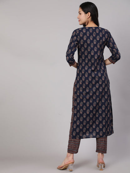 Women Navy Blue Ethnic Printed Straight Kurta With Trouser | LASVINI - Redefining Indian Fashion with Elegance