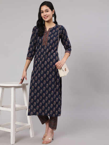 Women Navy Blue Ethnic Printed Straight Kurta With Trouser | LASVINI - Redefining Indian Fashion with Elegance