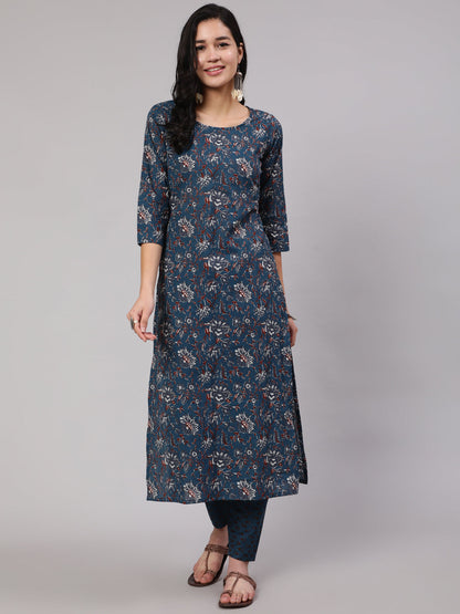 Women Blue Floral Printed Kurta With Trouser | LASVINI - Redefining Indian Fashion with Elegance
