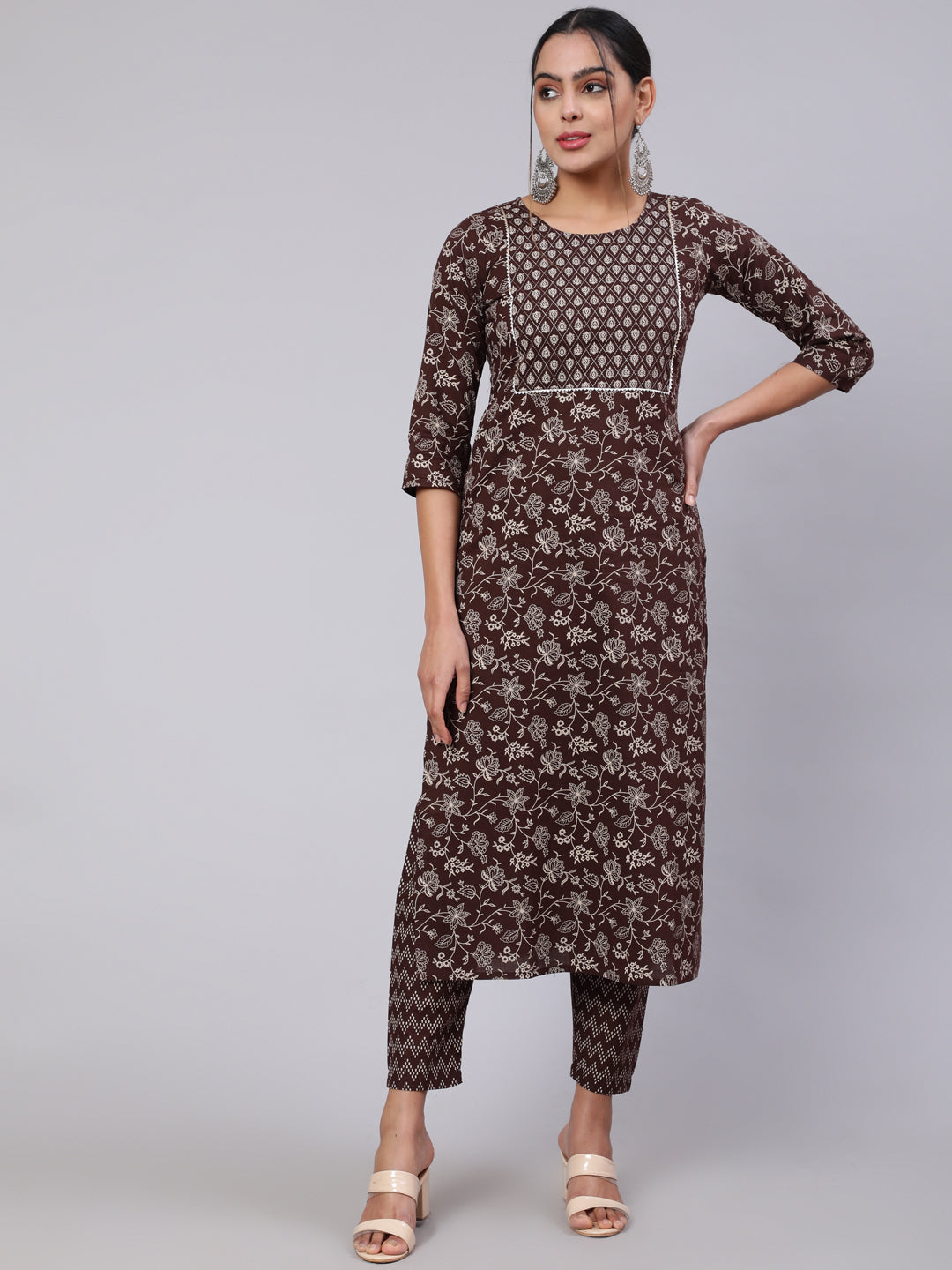 Women Brown Ethnic Printed Straight Kurta With Trouser | LASVINI - Redefining Indian Fashion with Elegance