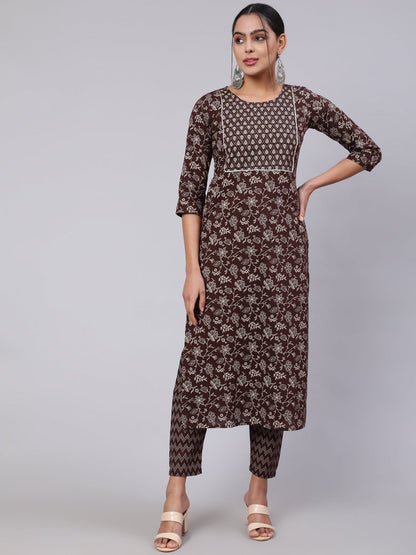 Women Brown Ethnic Printed Straight Kurta With Trouser | LASVINI - Redefining Indian Fashion with Elegance