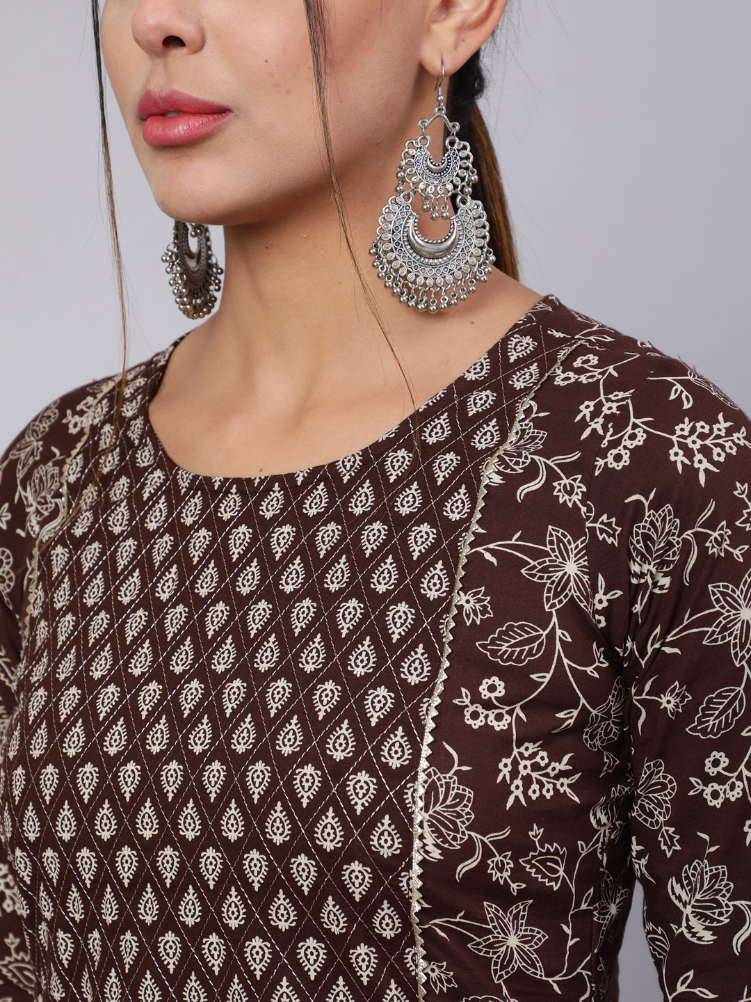 Women Brown Ethnic Printed Straight Kurta With Trouser | LASVINI - Redefining Indian Fashion with Elegance