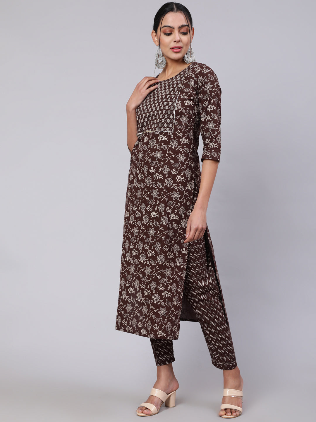 Women Brown Ethnic Printed Straight Kurta With Trouser | LASVINI - Redefining Indian Fashion with Elegance