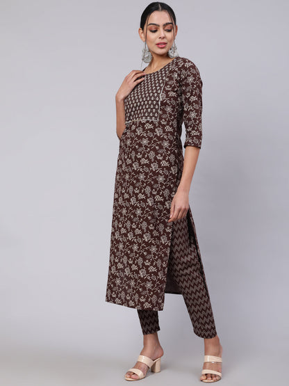 Women Brown Ethnic Printed Straight Kurta With Trouser | LASVINI - Redefining Indian Fashion with Elegance