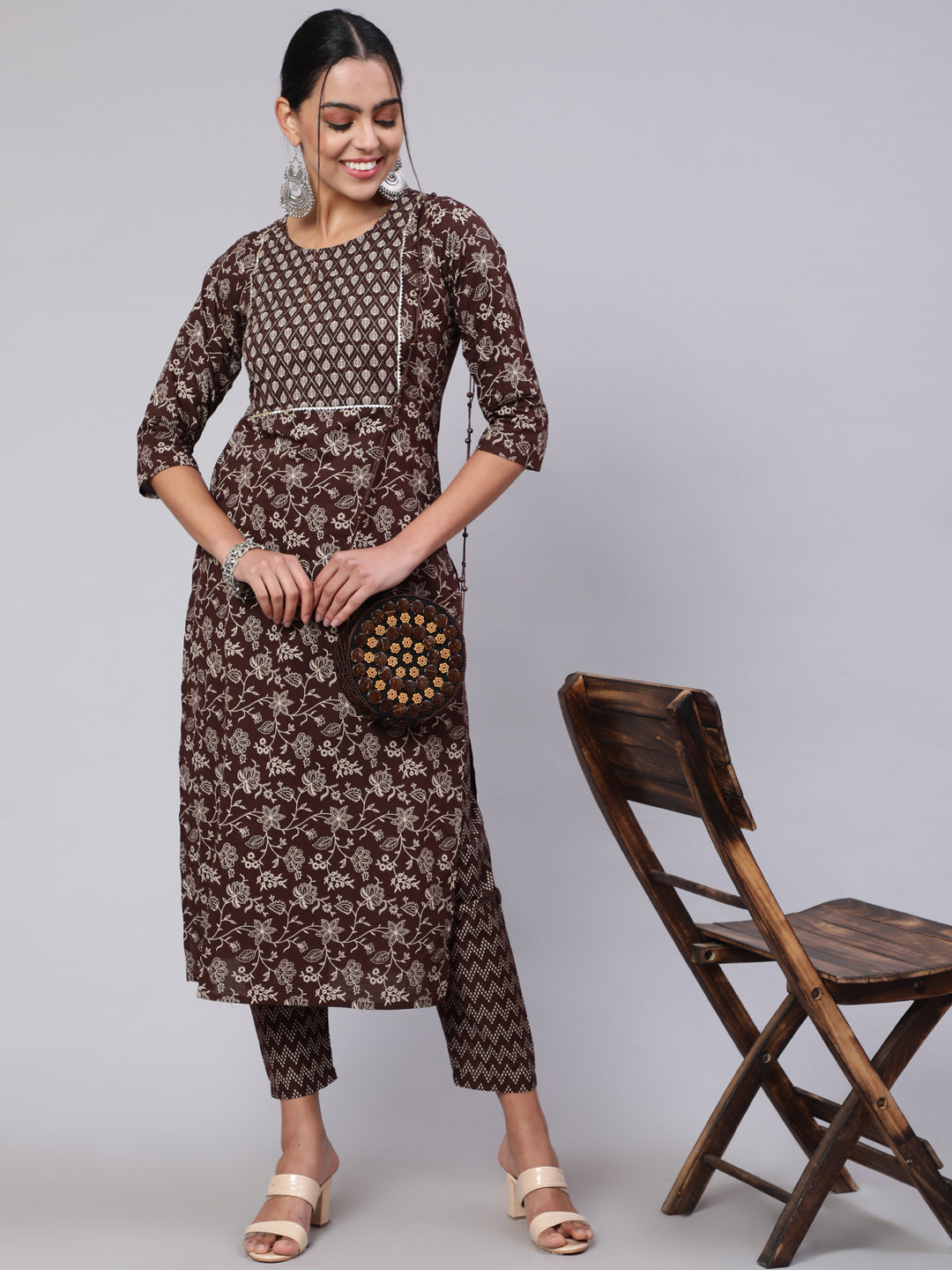 Women Brown Ethnic Printed Straight Kurta With Trouser | LASVINI - Redefining Indian Fashion with Elegance
