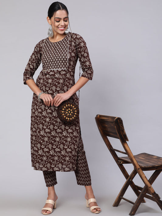 Women Brown Ethnic Printed Straight Kurta With Trouser | LASVINI - Redefining Indian Fashion with Elegance