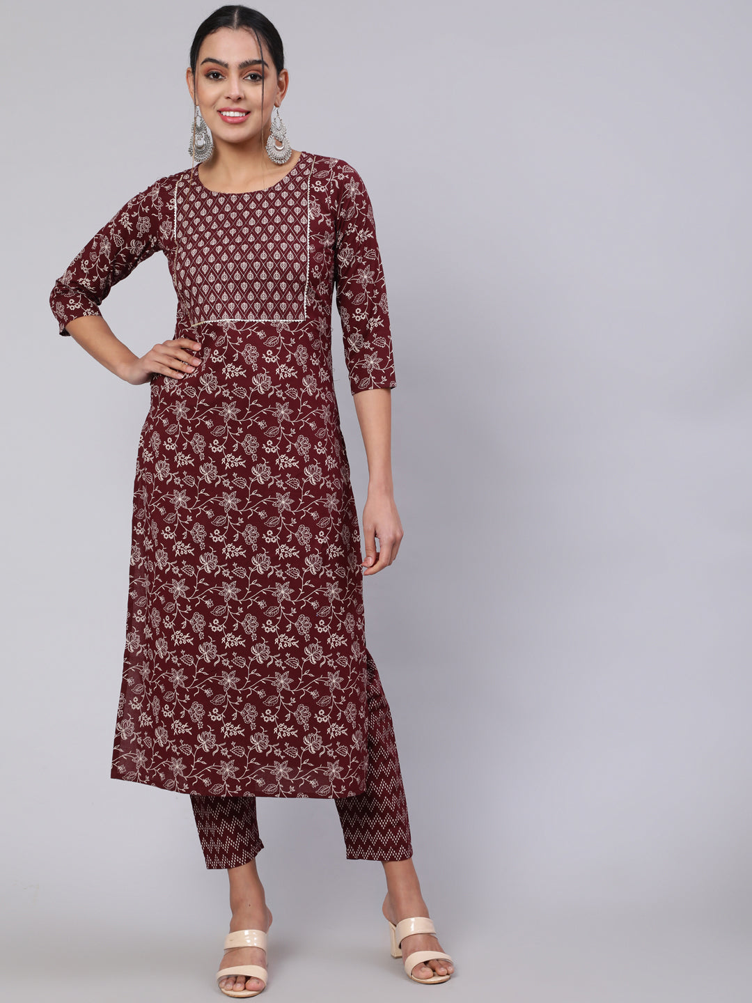 Women Burgundy Ethnic Printed Straight Kurta With Trouser | LASVINI - Redefining Indian Fashion with Elegance