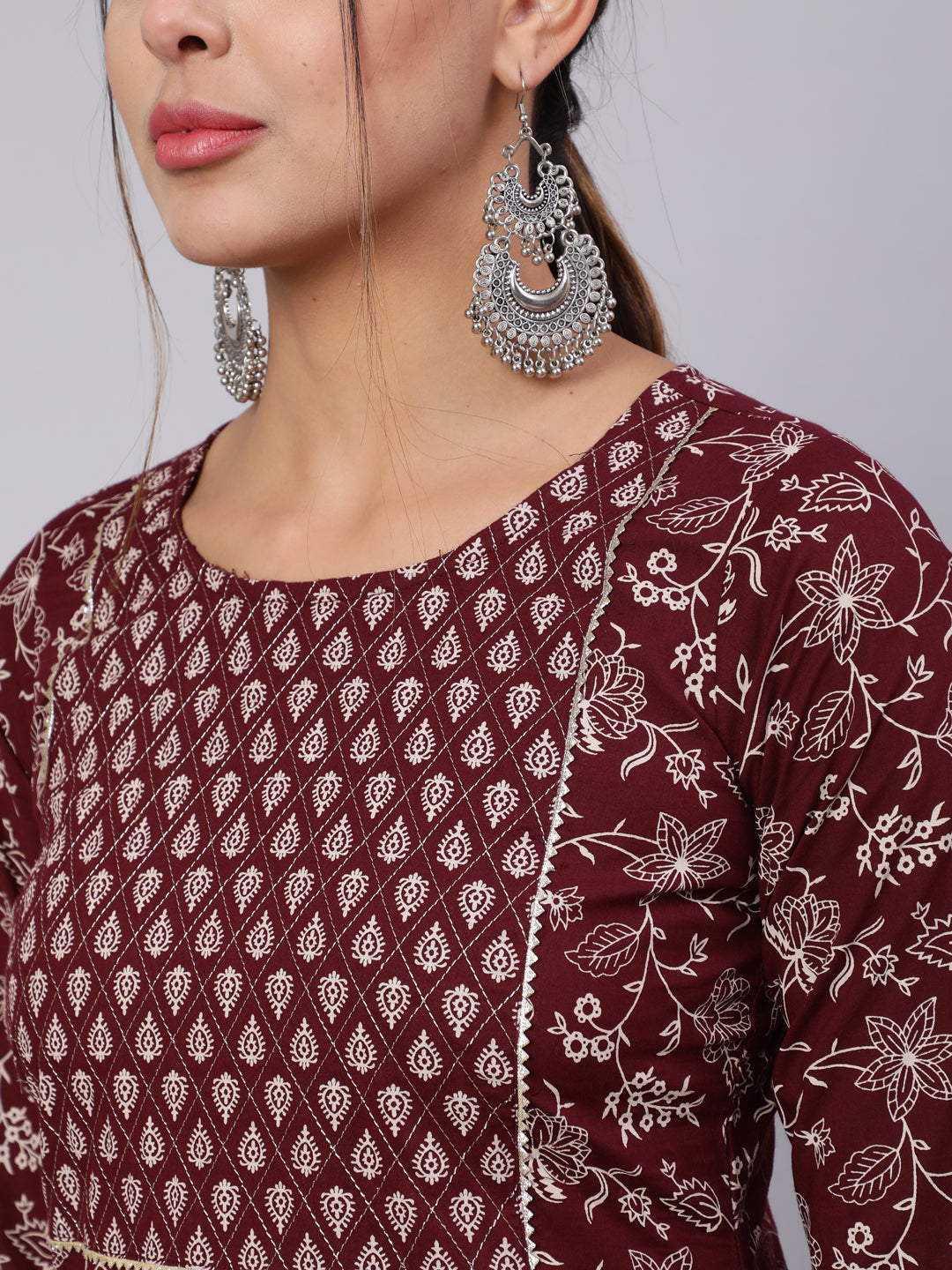 Women Burgundy Ethnic Printed Straight Kurta With Trouser | LASVINI - Redefining Indian Fashion with Elegance