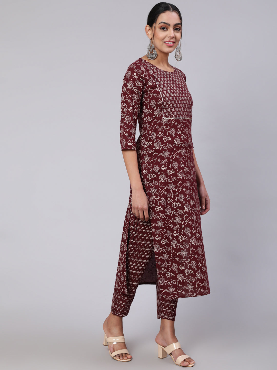 Women Burgundy Ethnic Printed Straight Kurta With Trouser | LASVINI - Redefining Indian Fashion with Elegance
