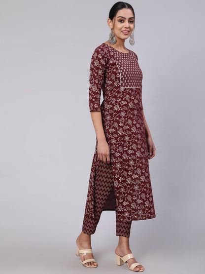 Women Burgundy Ethnic Printed Straight Kurta With Trouser | LASVINI - Redefining Indian Fashion with Elegance