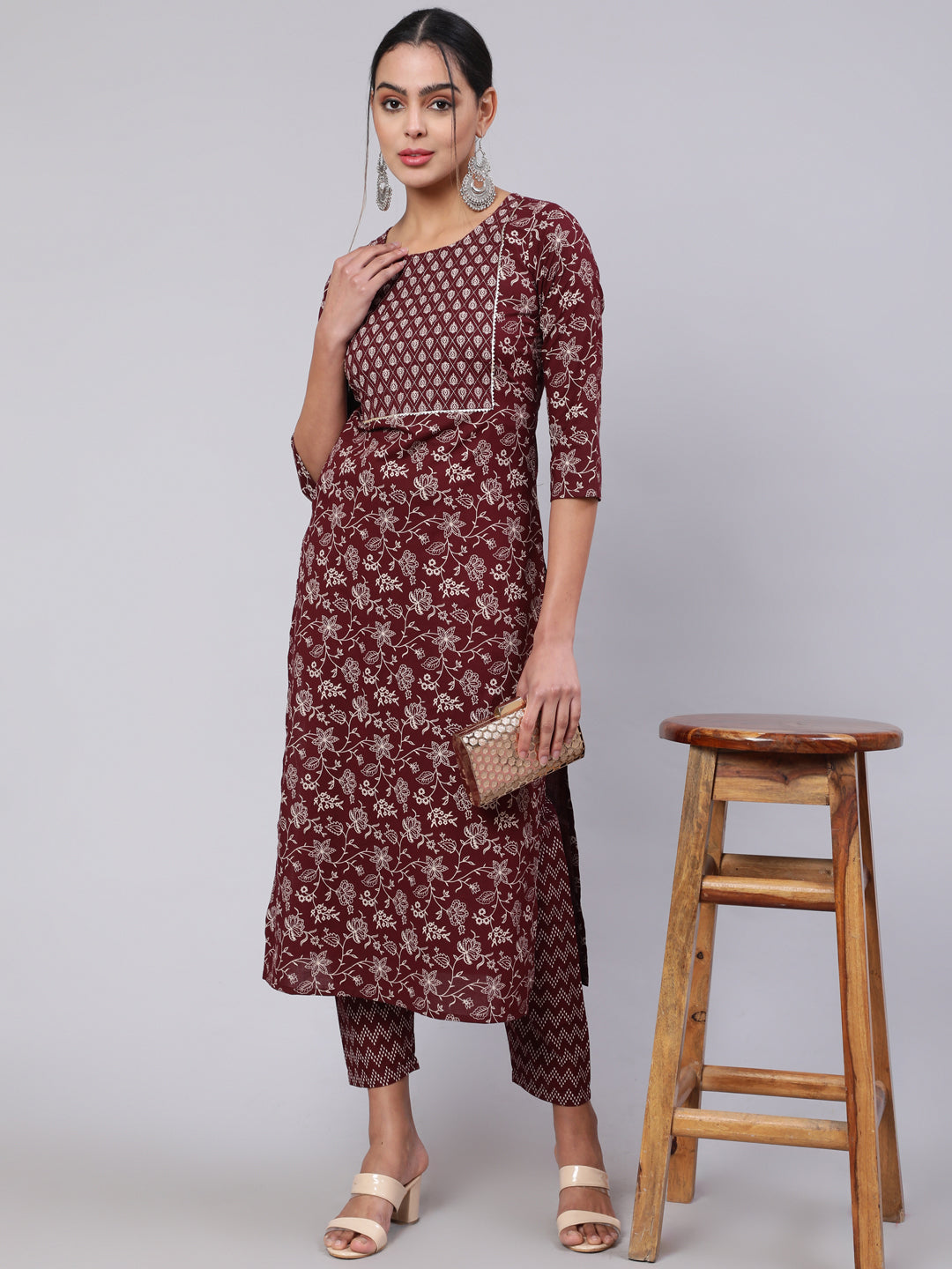 Women Burgundy Ethnic Printed Straight Kurta With Trouser | LASVINI - Redefining Indian Fashion with Elegance