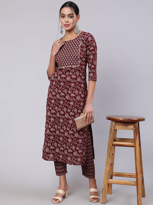 Women Burgundy Ethnic Printed Straight Kurta With Trouser | LASVINI - Redefining Indian Fashion with Elegance