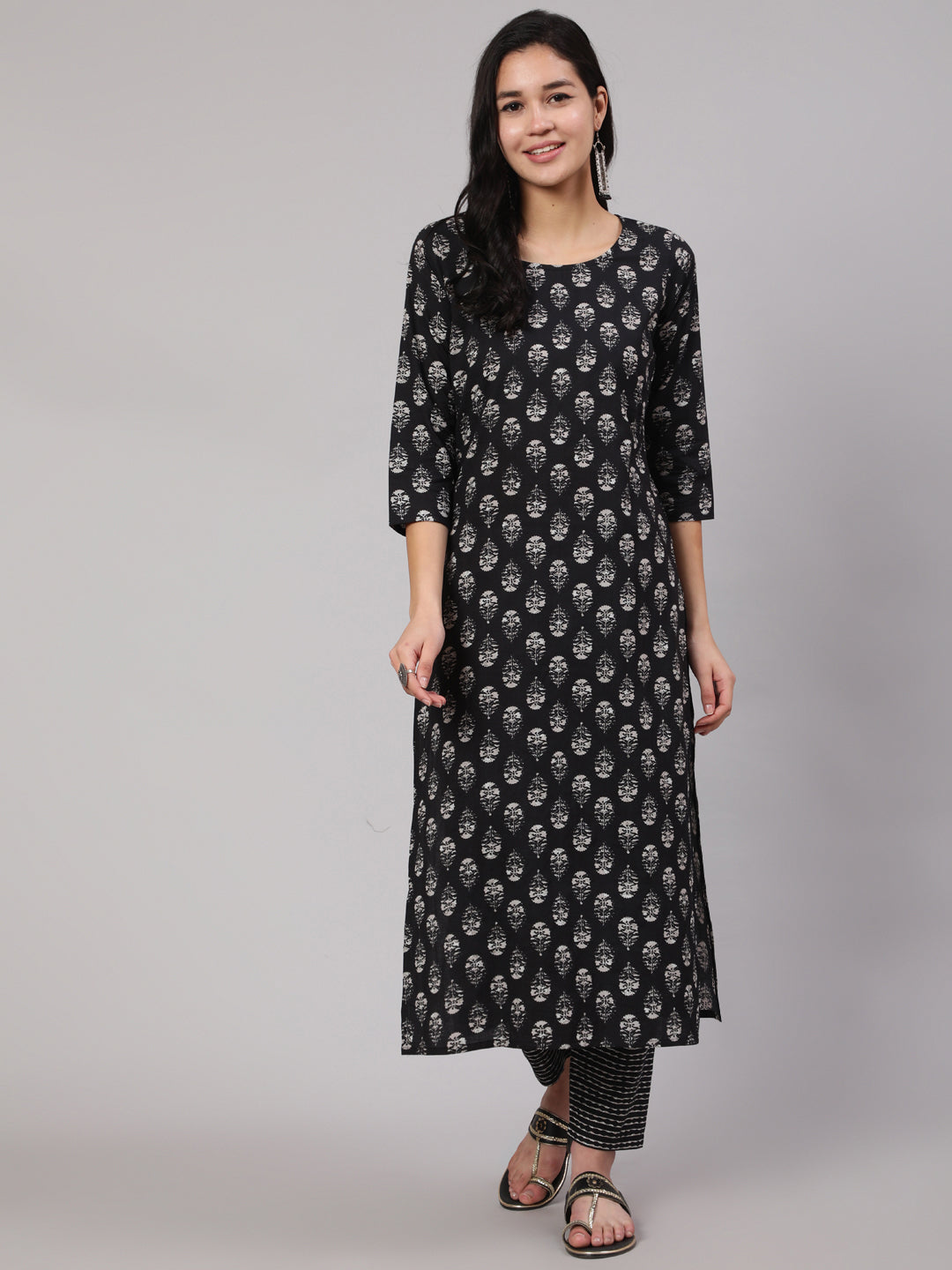 Women Black Ethnic Printed Straight Kurta With Trouser | LASVINI - Redefining Indian Fashion with Elegance
