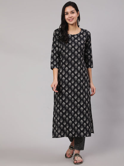 Women Black Ethnic Printed Straight Kurta With Trouser | LASVINI - Redefining Indian Fashion with Elegance