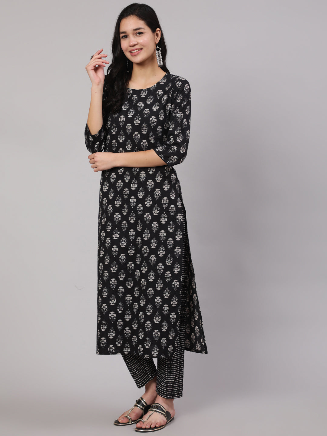 Women Black Ethnic Printed Straight Kurta With Trouser | LASVINI - Redefining Indian Fashion with Elegance