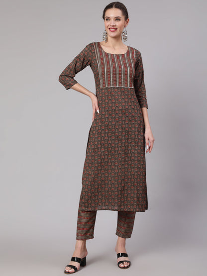 Women Taupe Ethnic Printed Straight Kurta With Trouser | LASVINI - Redefining Indian Fashion with Elegance