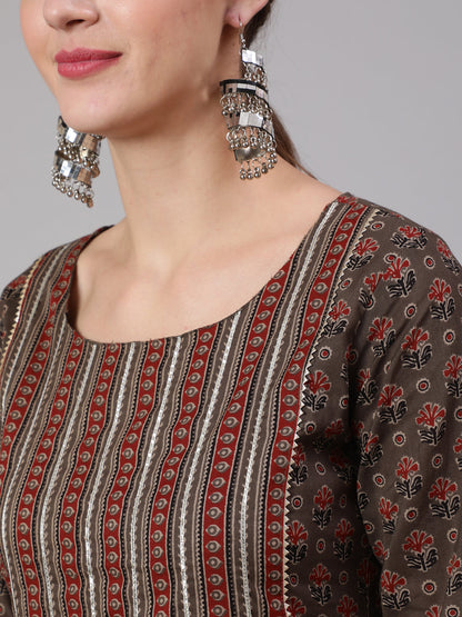 Women Taupe Ethnic Printed Straight Kurta With Trouser | LASVINI - Redefining Indian Fashion with Elegance