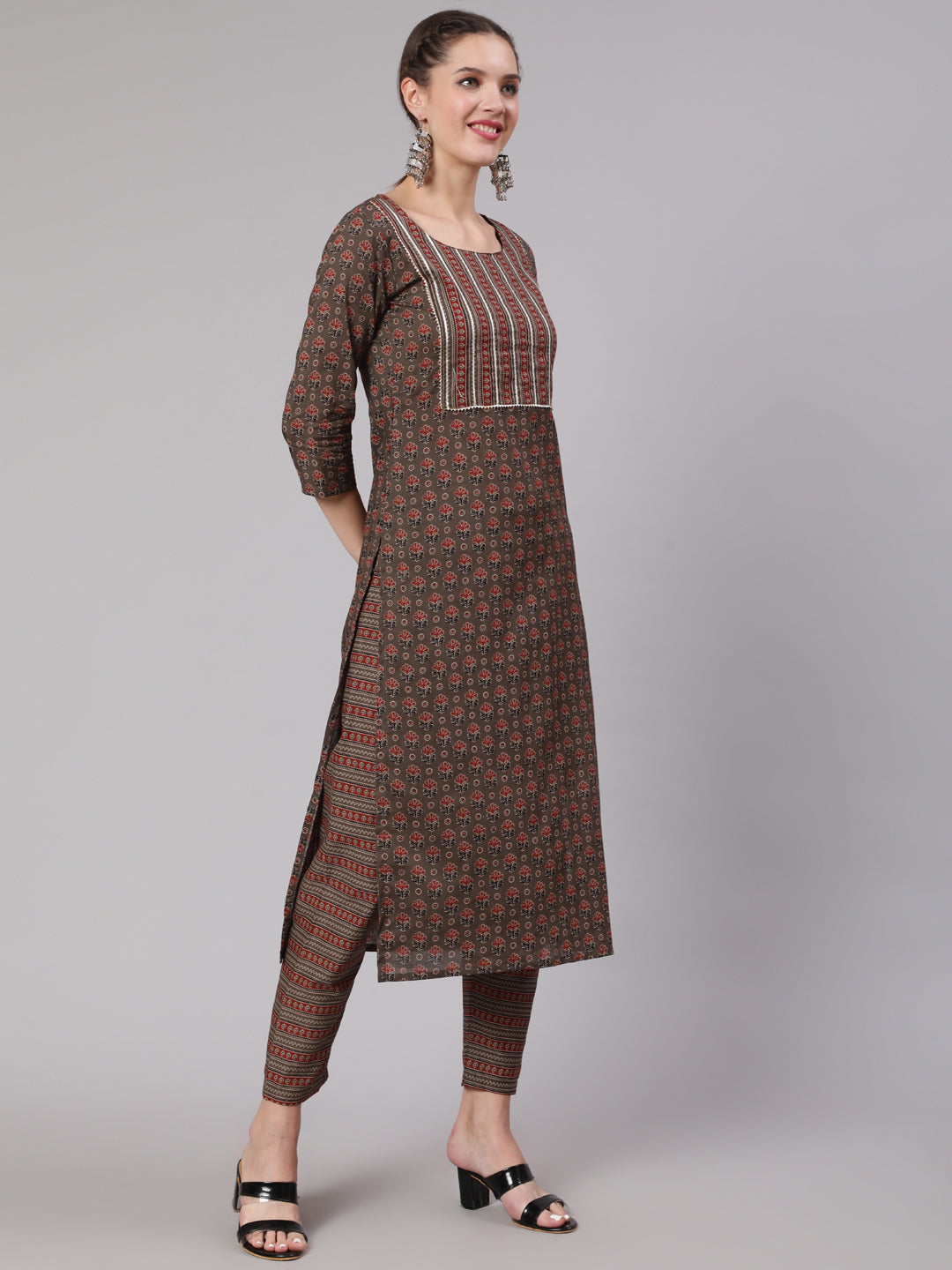 Women Taupe Ethnic Printed Straight Kurta With Trouser | LASVINI - Redefining Indian Fashion with Elegance