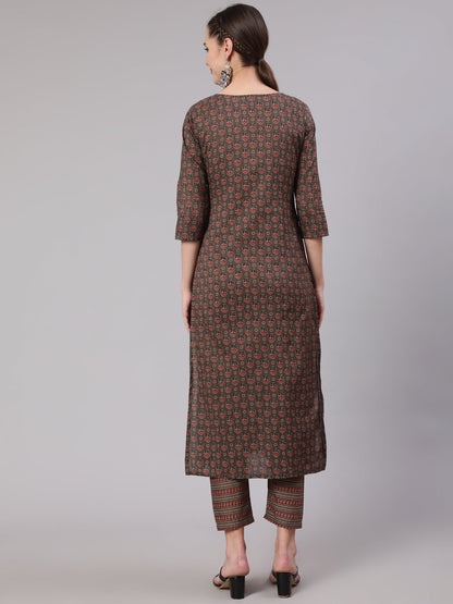 Women Taupe Ethnic Printed Straight Kurta With Trouser | LASVINI - Redefining Indian Fashion with Elegance