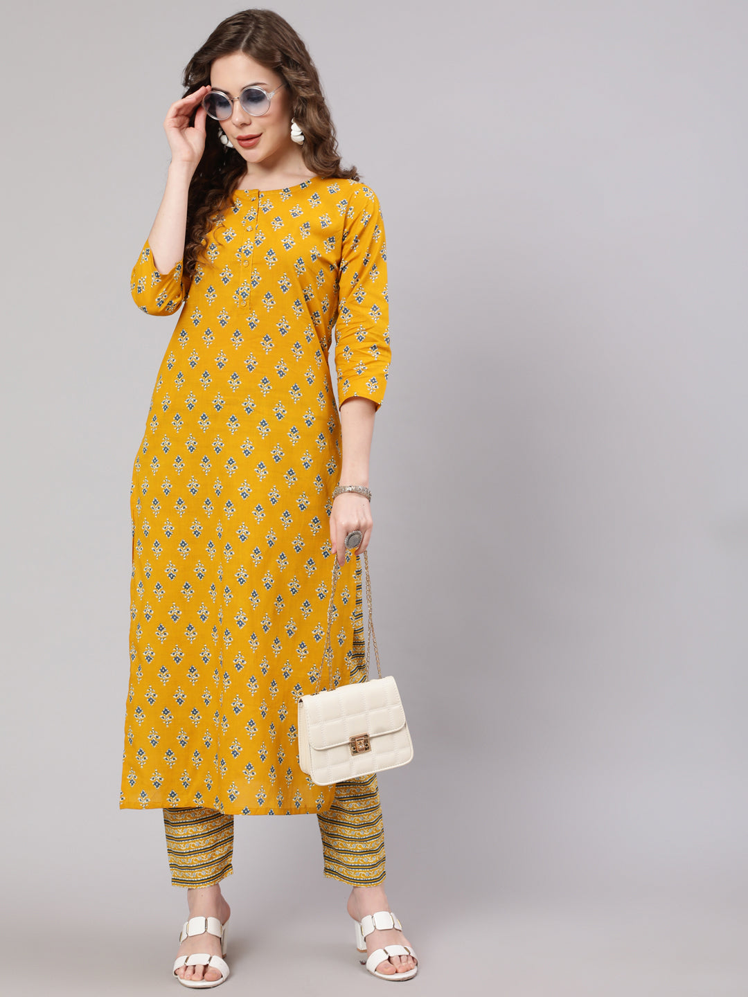 Women Mustard Printed Straight Kurta With Trouser | LASVINI - Redefining Indian Fashion with Elegance